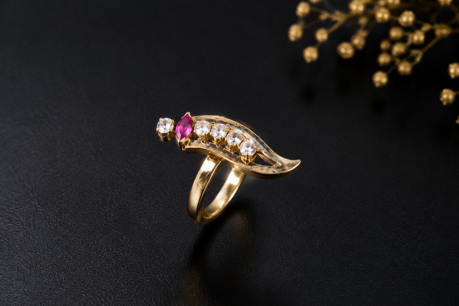 Red and White Stone Knife Shape Ladies Ring