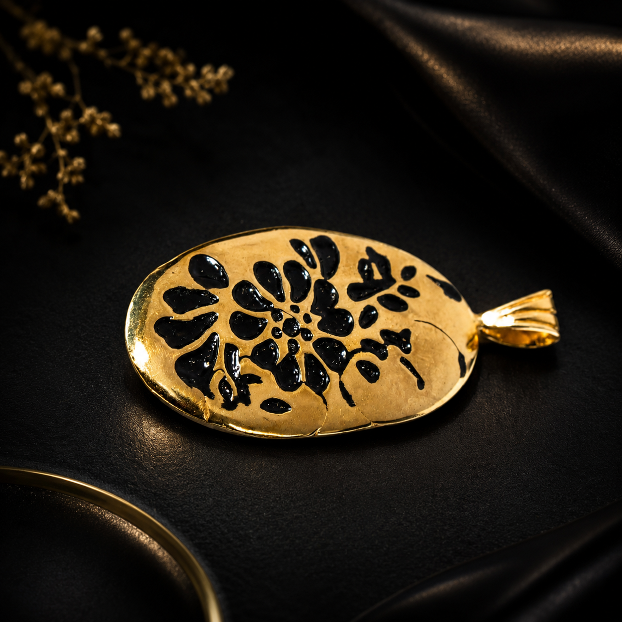 Oxidized Oval Flower Silver Pendant