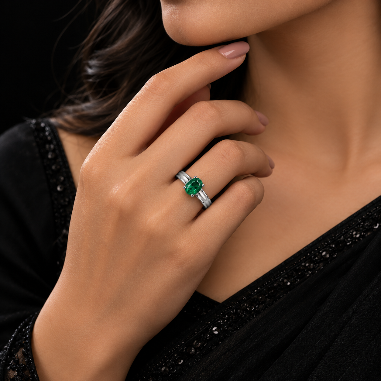 Green Stone Silver Band Ring – 925 Sterling Silver - Image 2