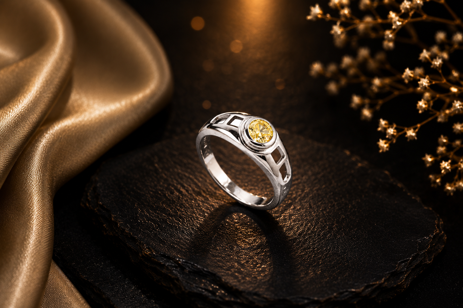 Yellow Stone Silver Ring 925 Sterling Silver - Image 5
