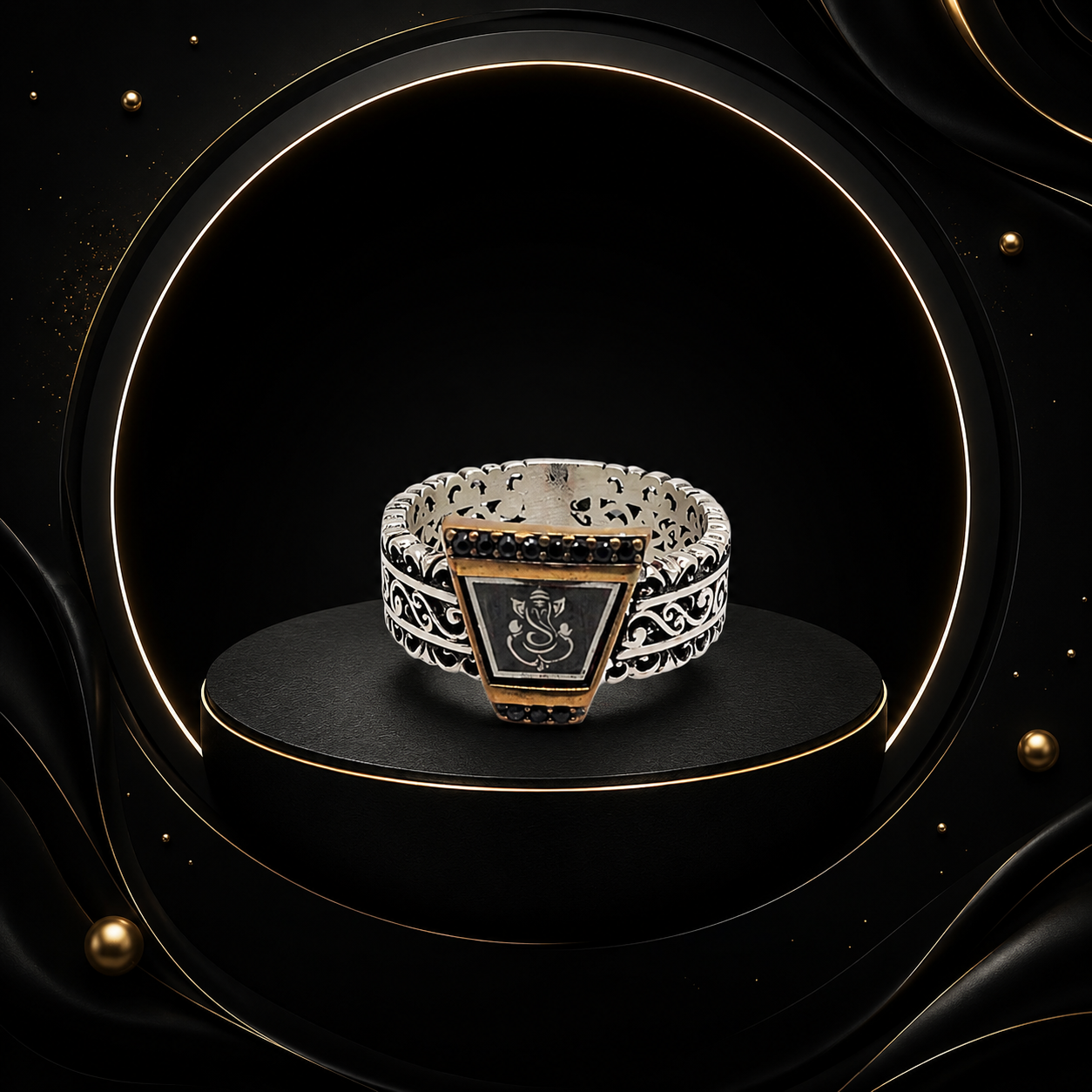 Tiny Onyx Ganapathy Silver Ring - Image 3