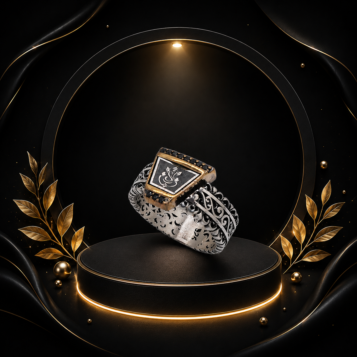 Tiny Onyx Ganapathy Silver Ring - Image 5