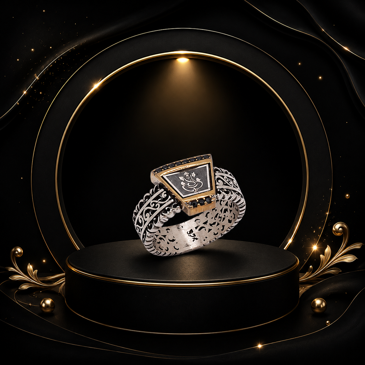 Tiny Onyx Ganapathy Silver Ring - Image 6