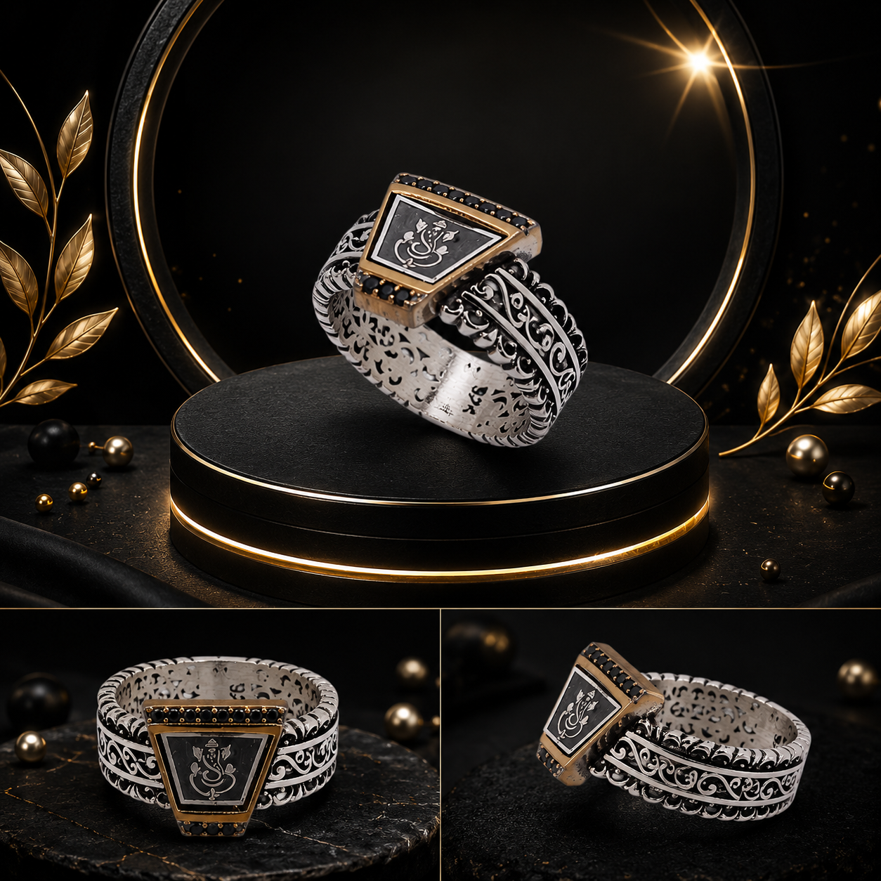 Tiny Onyx Ganapathy Silver Ring - Image 7