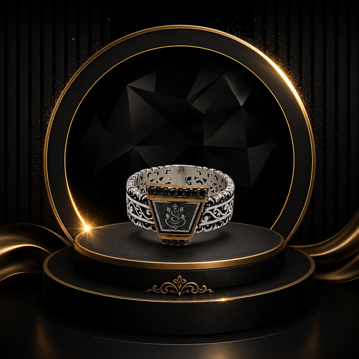 Tiny Onyx Ganapathy Silver Ring - Image 8